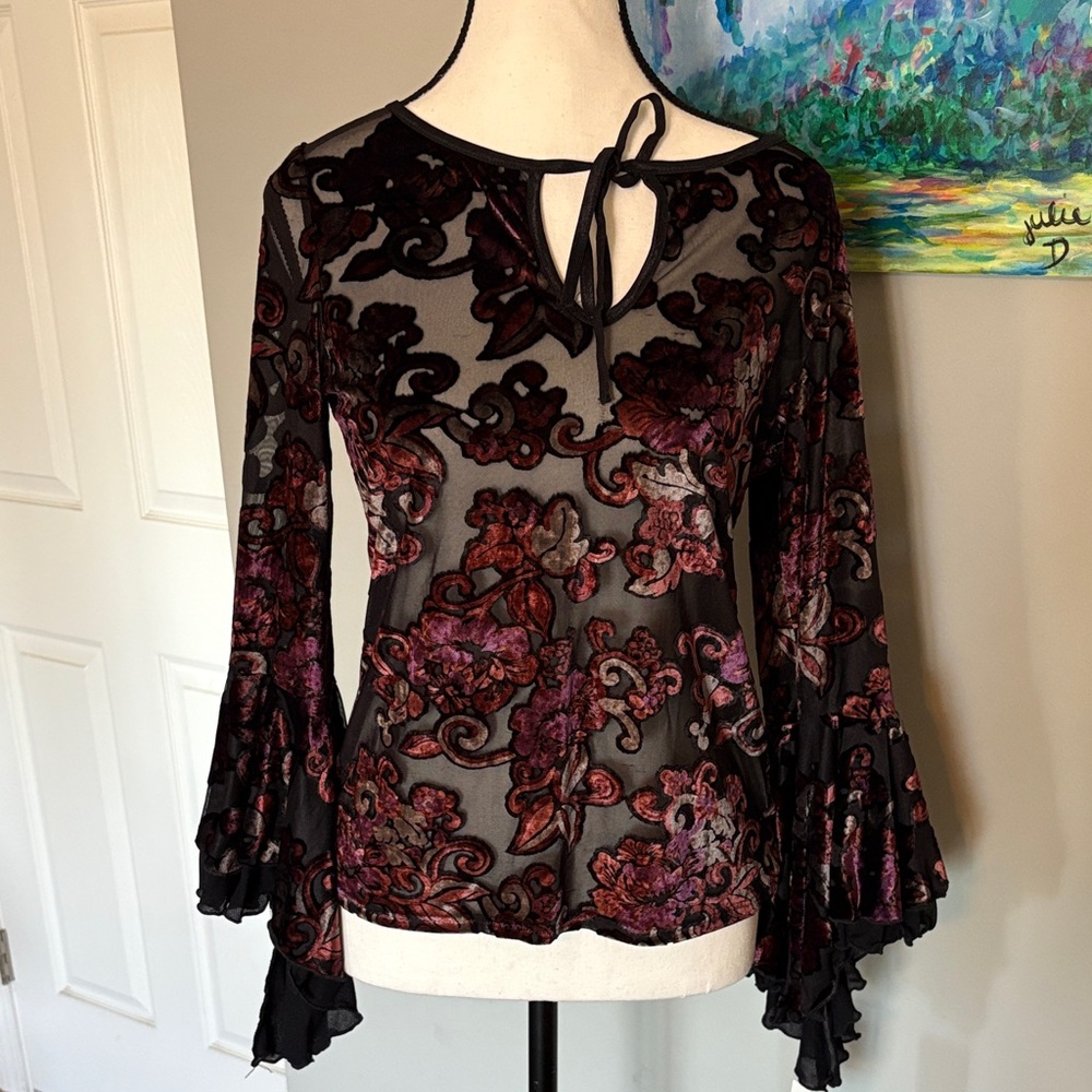 Sheer Tie-Neck Velvet Burnout Blouse in Black and Burgundy